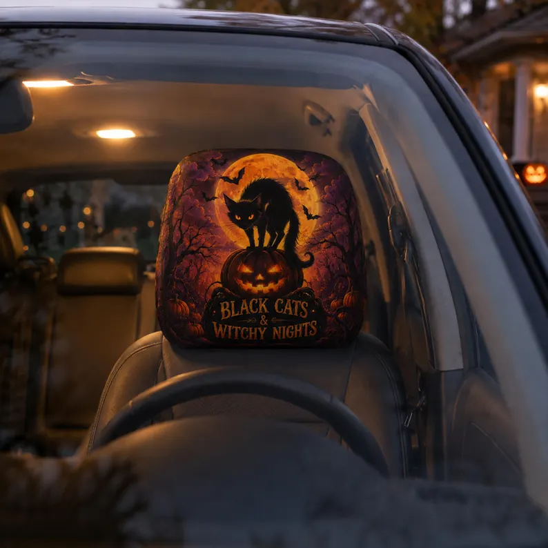 Moonlit Halloween Headrest Cover (1pc), Wolf Vampire Black Cat Pumpkin Car Decor, Spooky Auto Accessory