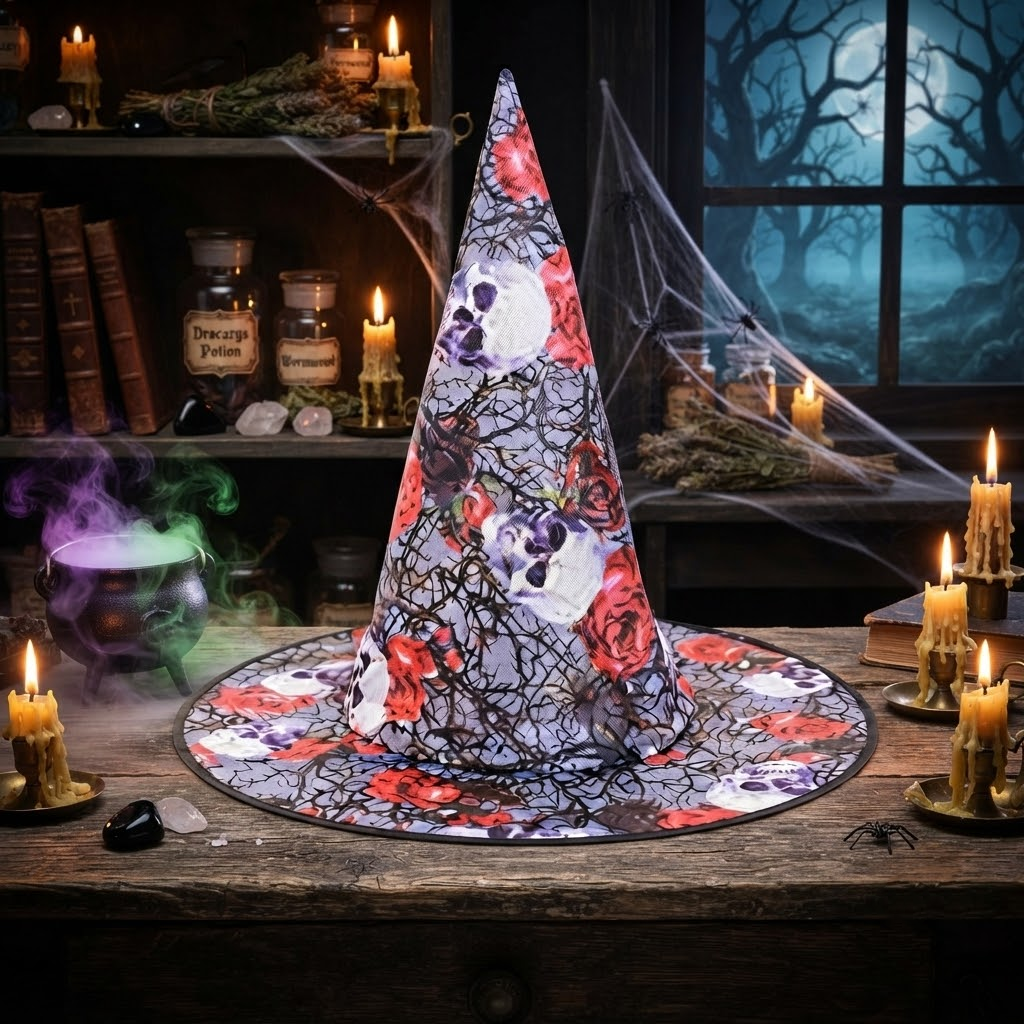 Halloween Hat Children Adults Magic Wizard Hat Party Costume Accessories Skulls And Thorns Printed Pointed Witch Hat, Spooky Season Gift, Accessories for Porch Yard Indoor Outdoor Decor