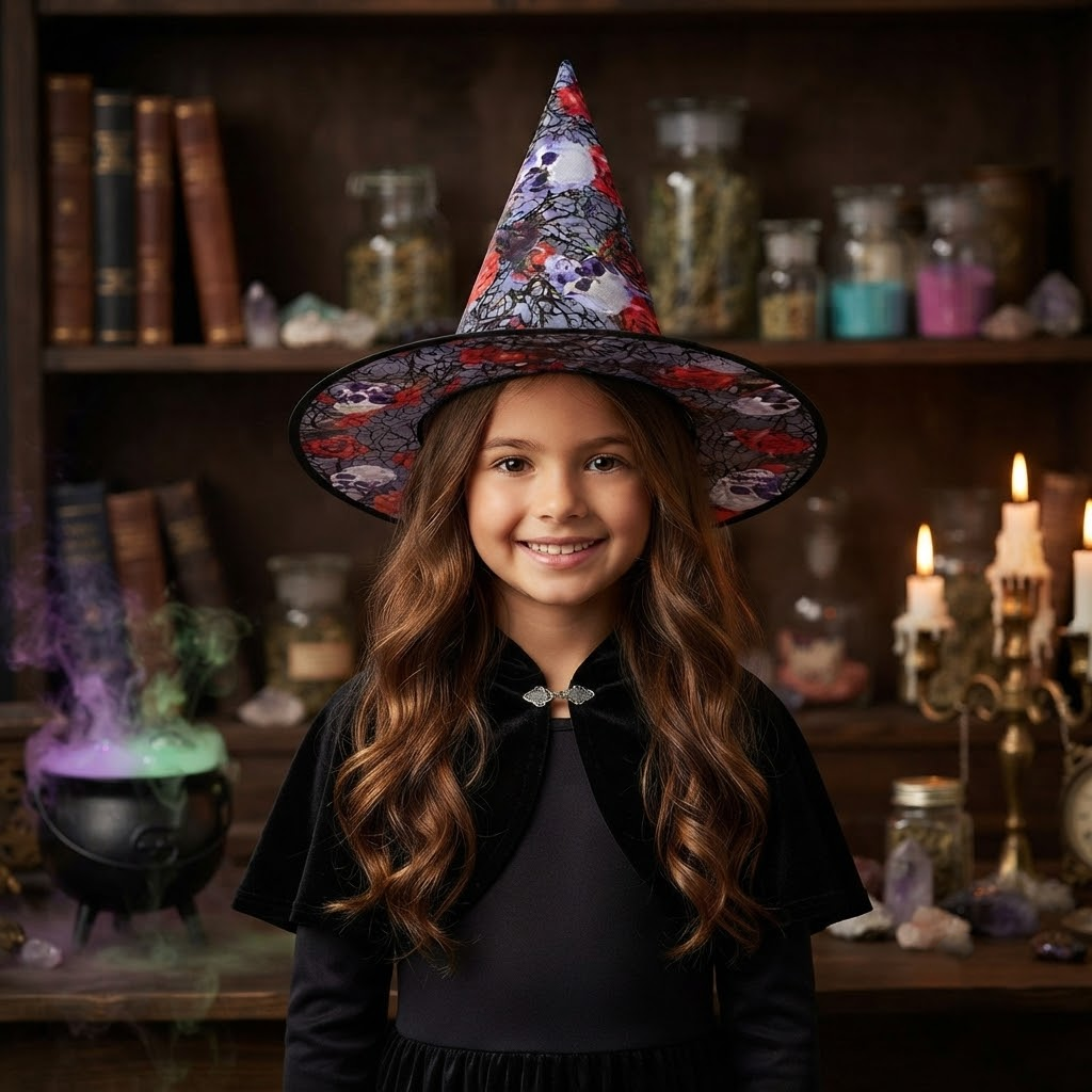 Halloween Hat Children Adults Magic Wizard Hat Party Costume Accessories Skulls And Thorns Printed Pointed Witch Hat, Spooky Season Gift, Accessories for Porch Yard Indoor Outdoor Decor