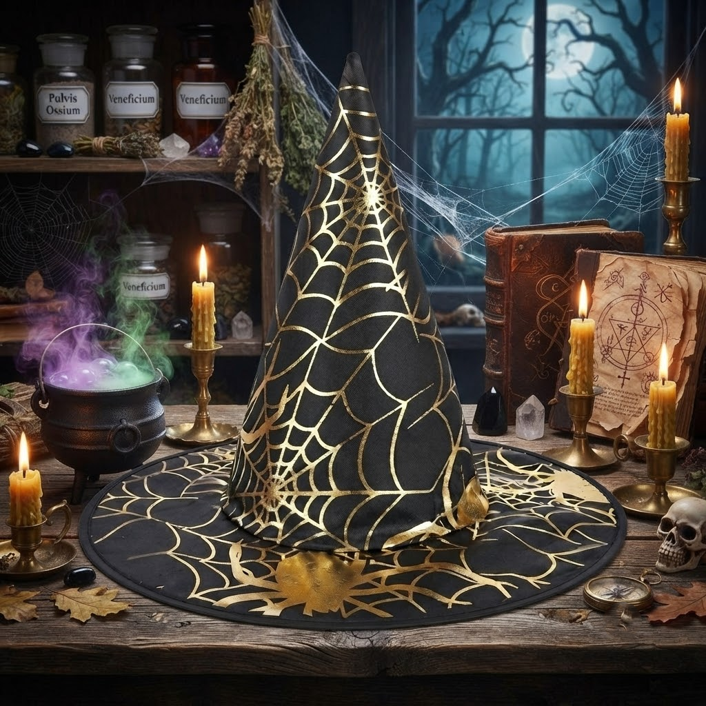 Halloween Hat Children Adults Magic Wizard Hat Party Costume Accessories Spiders Printed Pointed Witch Hat, Spooky Season Gift, Accessories for Porch Yard Indoor Outdoor Decor