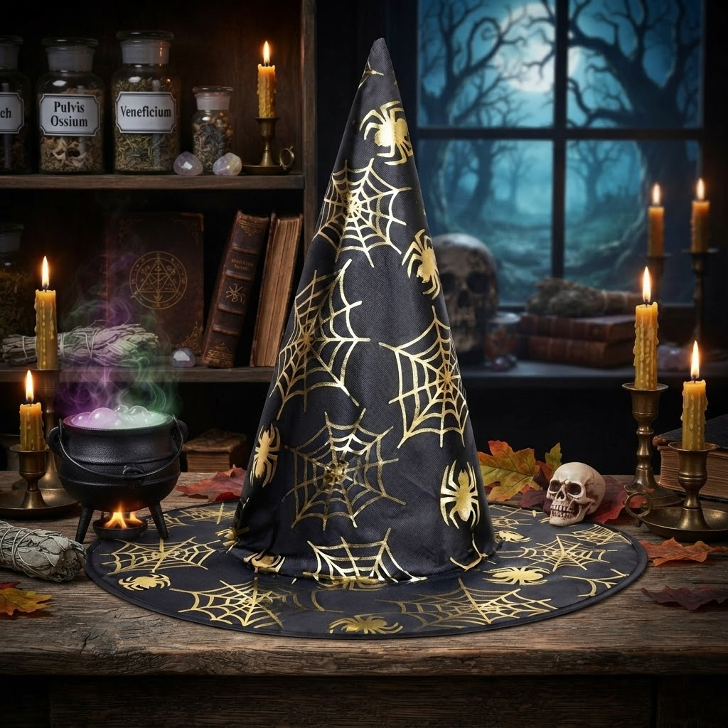 Halloween Hat Children Adults Magic Wizard Hat Party Costume Accessories Spiders Printed Pointed Witch Hat, Spooky Season Gift, Accessories for Porch Yard Indoor Outdoor Decor