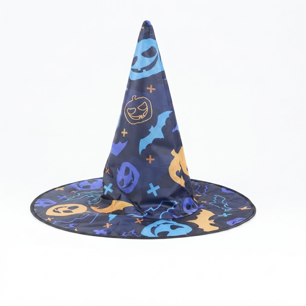 Masquerade Party Decoration Hat Pumpkin Bat Print Halloween Hat Tall Pointy Top Witch Hat