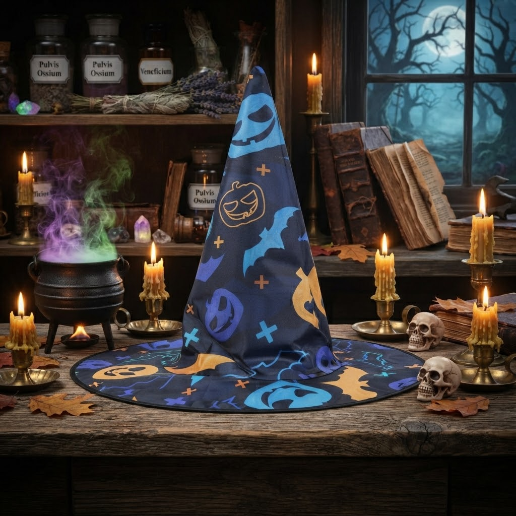 Masquerade Party Decoration Hat Pumpkin Bat Print Halloween Hat Tall Pointy Top Witch Hat