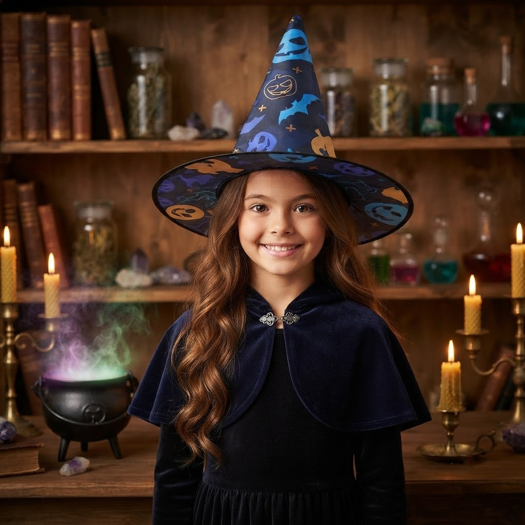 Masquerade Party Decoration Hat Pumpkin Bat Print Halloween Hat Tall Pointy Top Witch Hat
