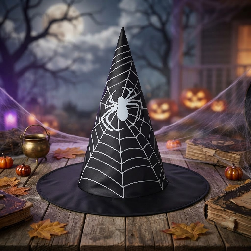 Black Witch Wizard Hat with Spider Web Prints Halloween Decoration and Cosplay Costume Props, Accessories for Porch Yard Indoor Outdoor Decor