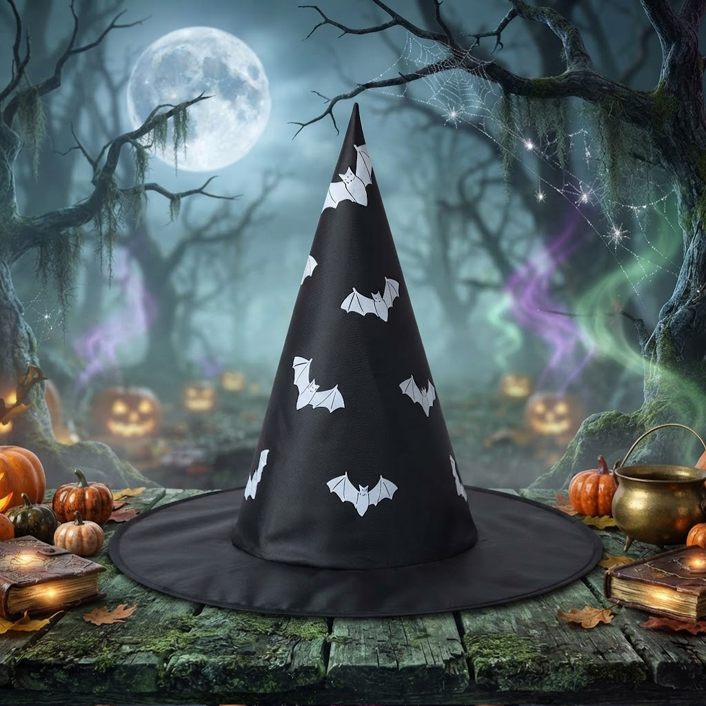 Black Witch Wizard Hat with Bats Prints Halloween Decoration and Cosplay Costume Props, Accessories for Porch Yard Indoor Outdoor Decor