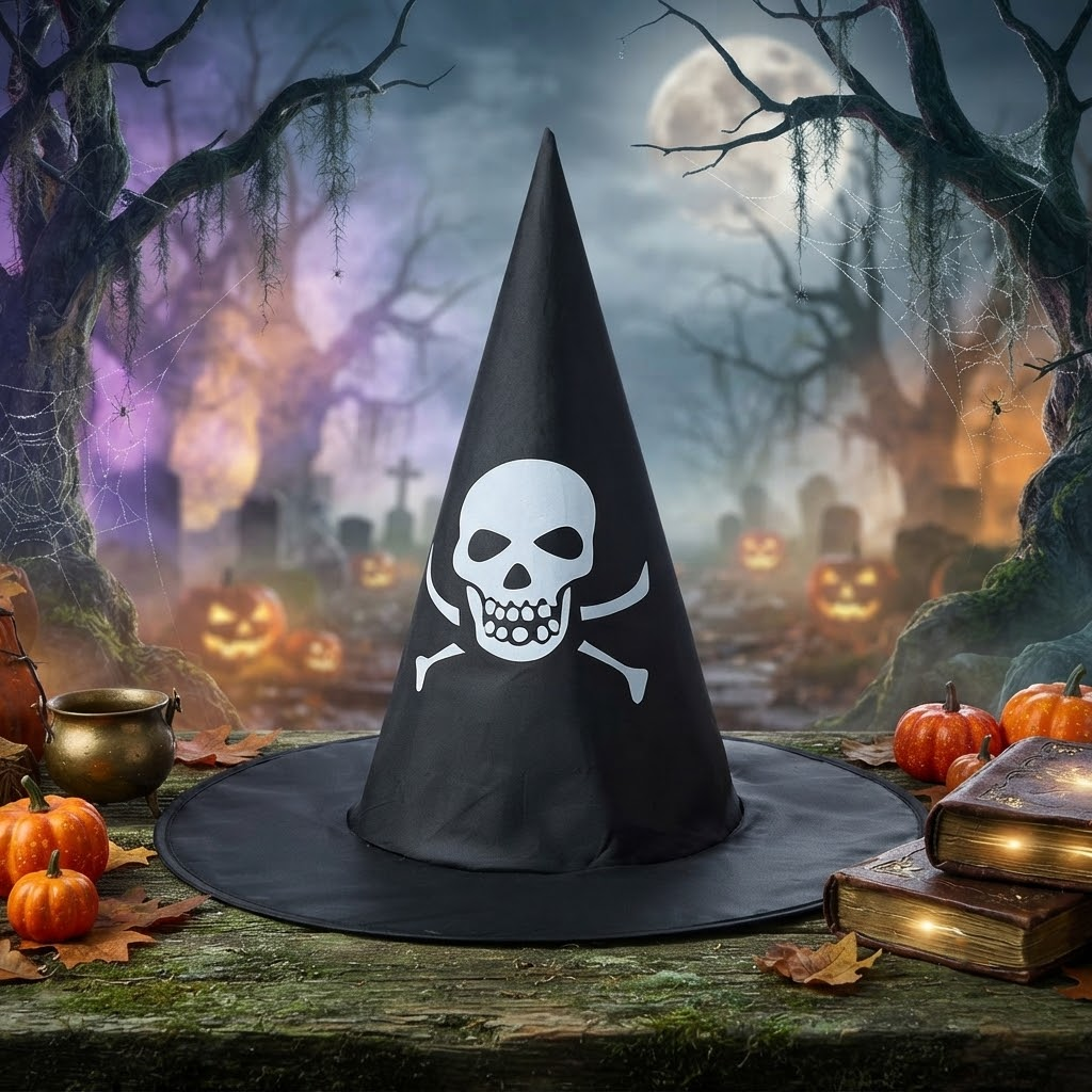 Black Witch Wizard Hat with Skull Pirate Prints Halloween Decoration and Cosplay Costume Props, Accessories for Porch Yard Indoor Outdoor Decor