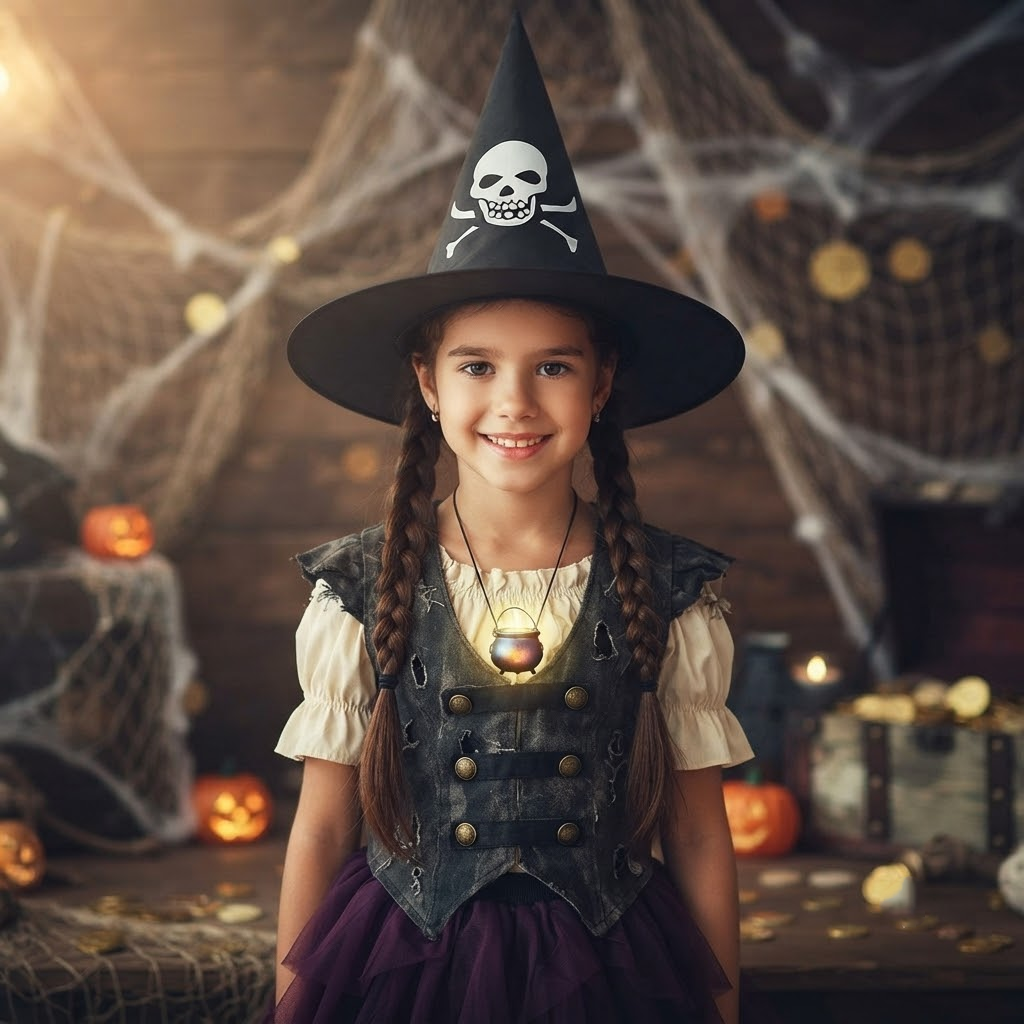 Black Witch Wizard Hat with Skull Pirate Prints Halloween Decoration and Cosplay Costume Props, Accessories for Porch Yard Indoor Outdoor Decor