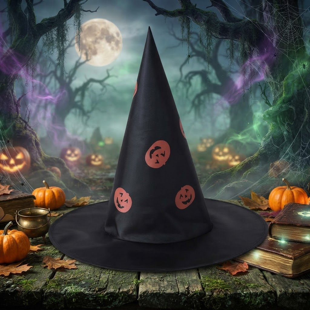 Black Witch Wizard Hat with Pumpkins Prints Halloween Decoration and Cosplay Costume Props, Accessories for Porch Yard Indoor Outdoor Decor