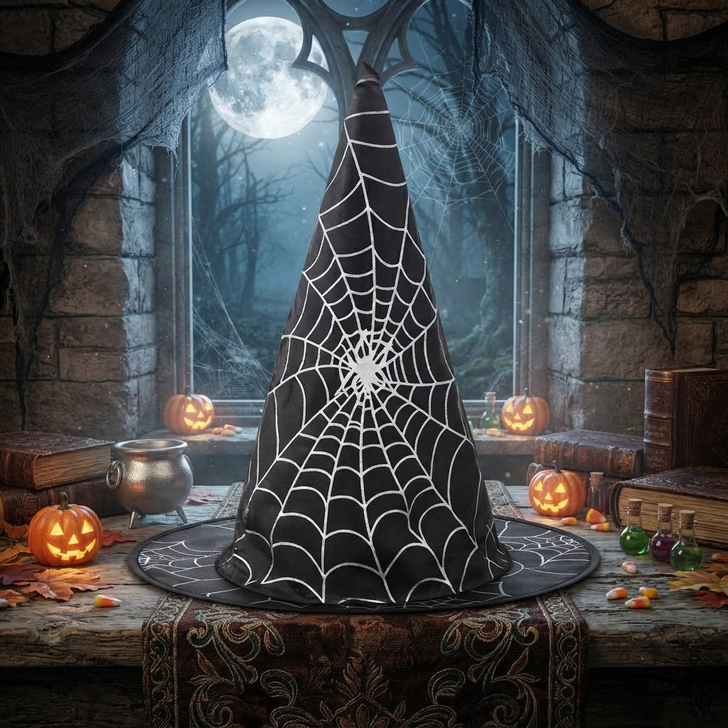 Witch Wizard Hat with Spider Web Prints, Halloween Decoration and Cosplay Costume Props, Accessories for Porch Yard Indoor Outdoor Decor