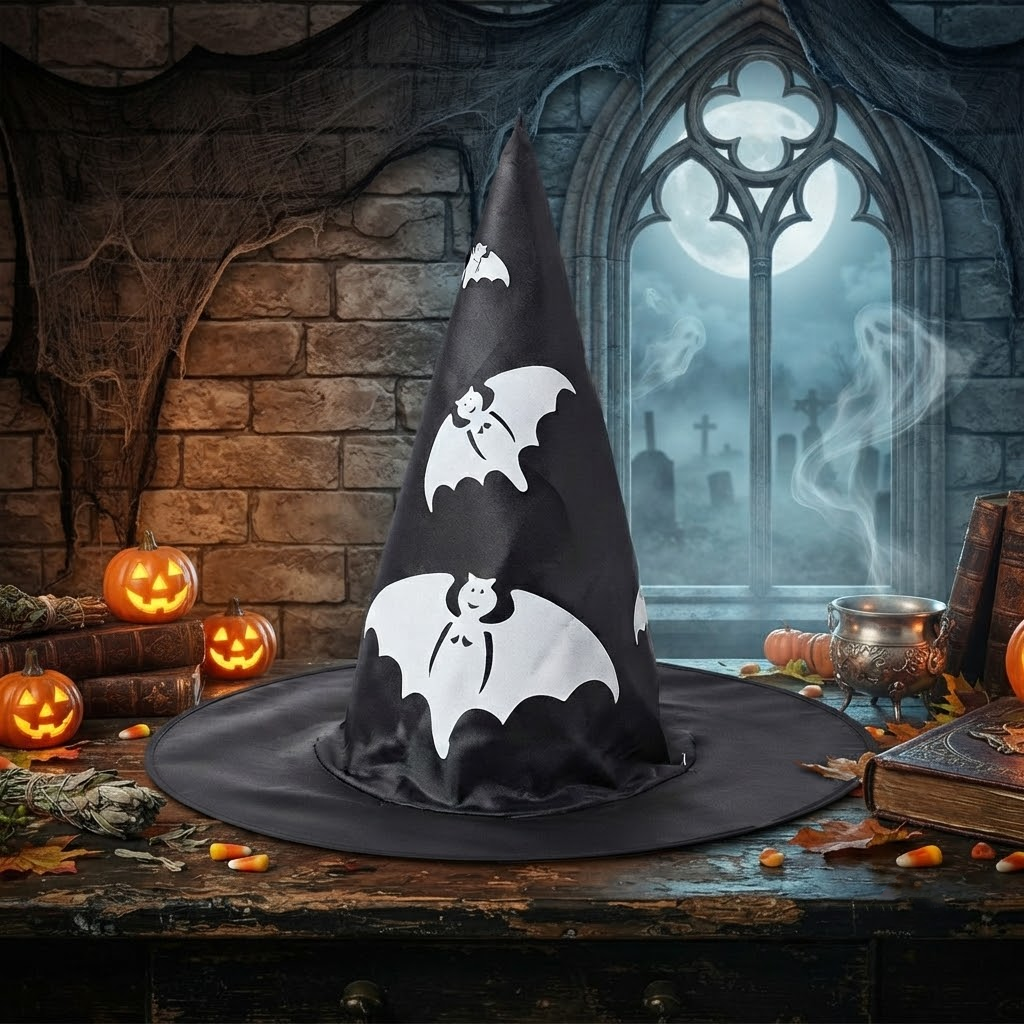 Witch Wizard Hat with Bats Prints, Halloween Decoration and Cosplay Costume Props, Accessories for Porch Yard Indoor Outdoor Decor