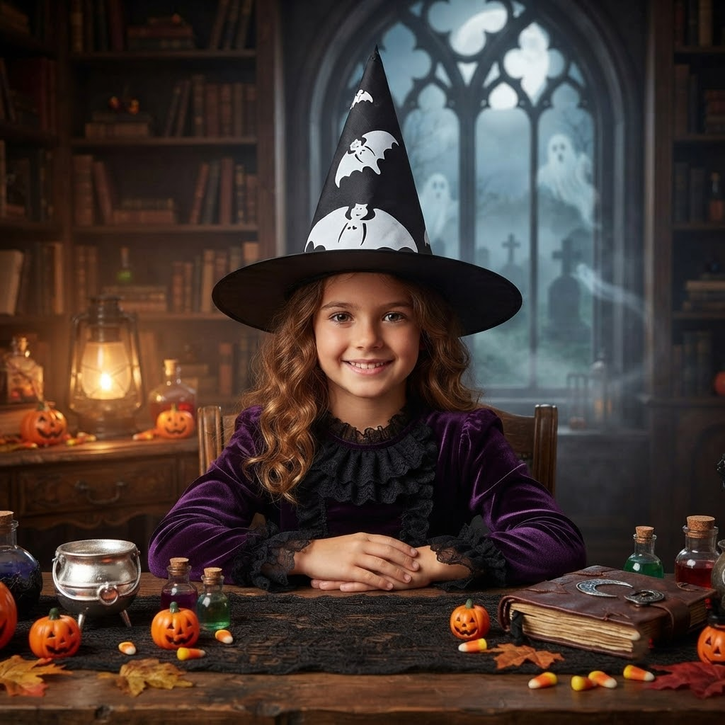 Witch Wizard Hat with Bats Prints, Halloween Decoration and Cosplay Costume Props, Accessories for Porch Yard Indoor Outdoor Decor
