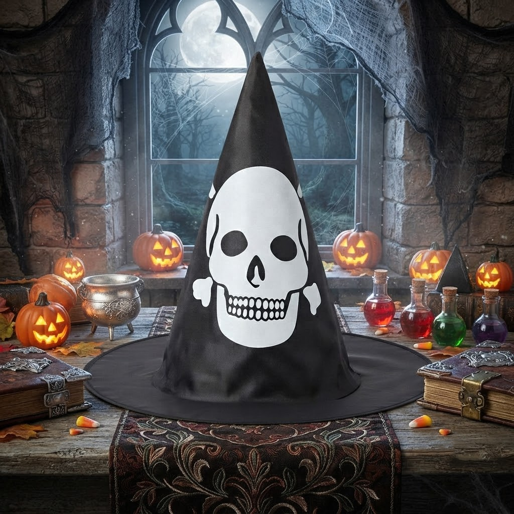 Witch Wizard Hat with Skull Pirate Prints, Halloween Decoration and Cosplay Costume Props, Accessories for Porch Yard Indoor Outdoor Decor