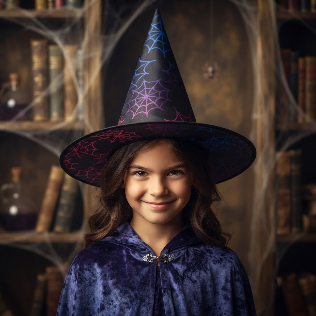 Halloween Witch Hat Wizard Cosplay Decorations Spooky Colorful Spider Web Print Curved Horn For Party