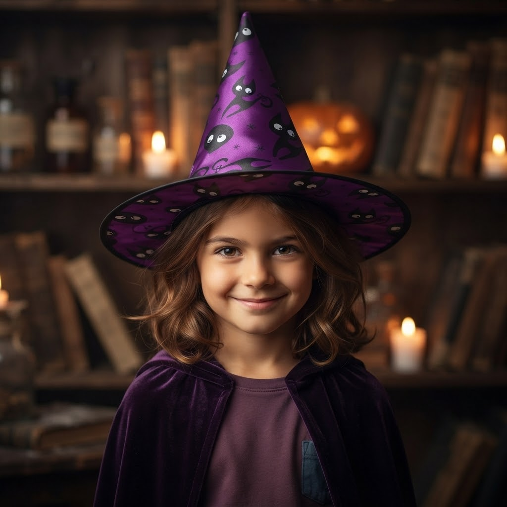 Halloween Witch Hat Wizard Cosplay Decorations Spooky Kittens Print Curved Horn For Party
