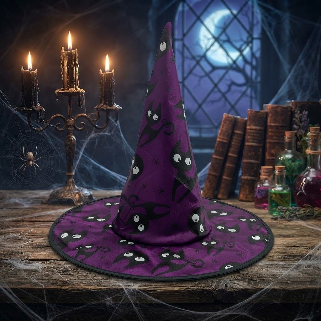 Halloween Witch Hat Wizard Cosplay Decorations Spooky Kittens Print Curved Horn For Party