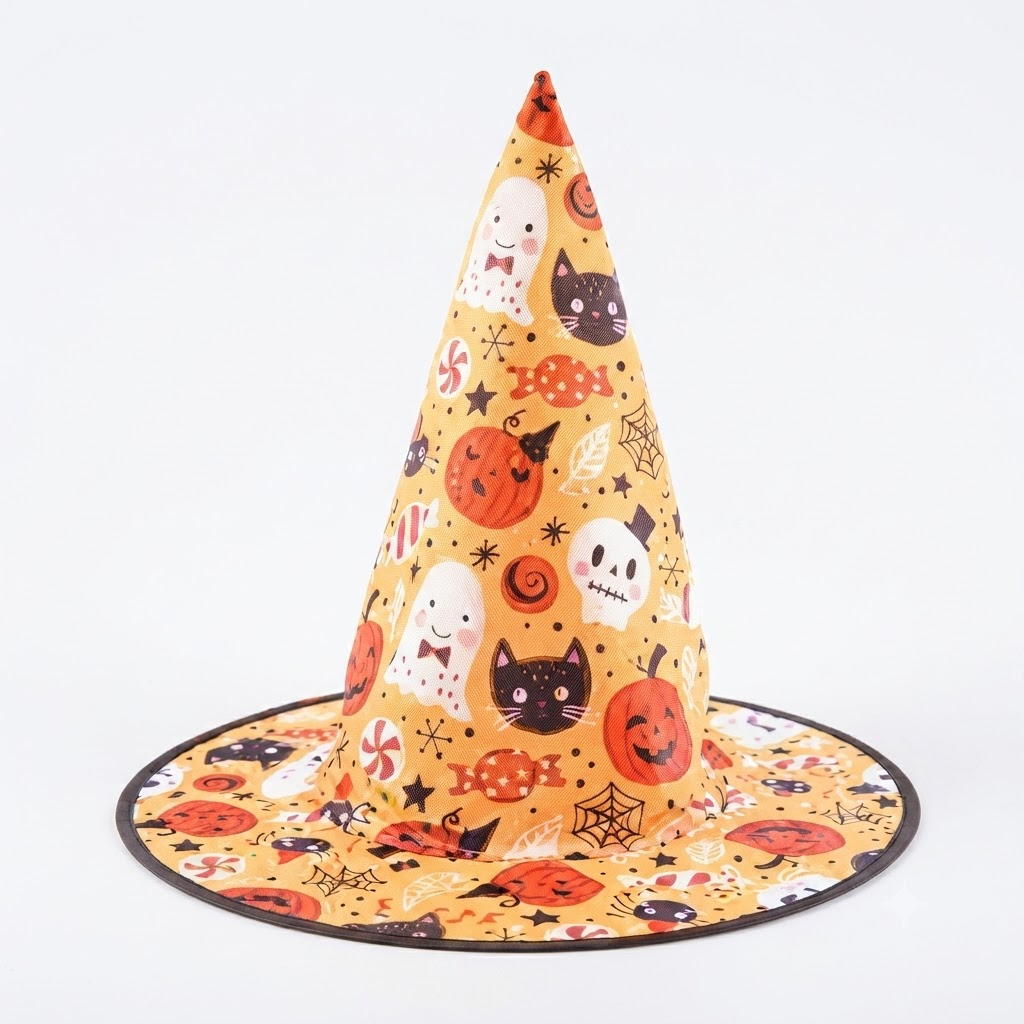 Witch Wizard Hat with Cute Kittens And Pumpkins Prints, Halloween Decoration and Cosplay Costume Props, Accessories for Porch Yard Indoor Outdoor Decor