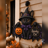 Door Hanger Black Cat Witch Halloween Wooden Front Door Sign for Porch Spooky Pet Decor