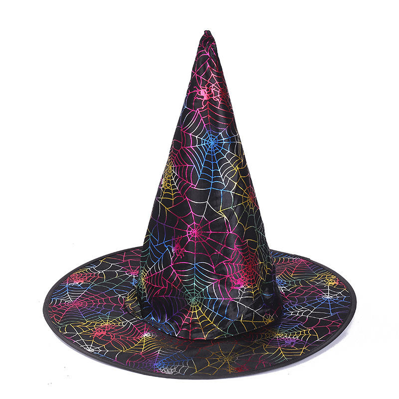 Witch Wizard Hat with Rainbow Webs Prints, Halloween Decoration and Cosplay Costume Props, Accessories for Porch Yard Indoor Outdoor Decor