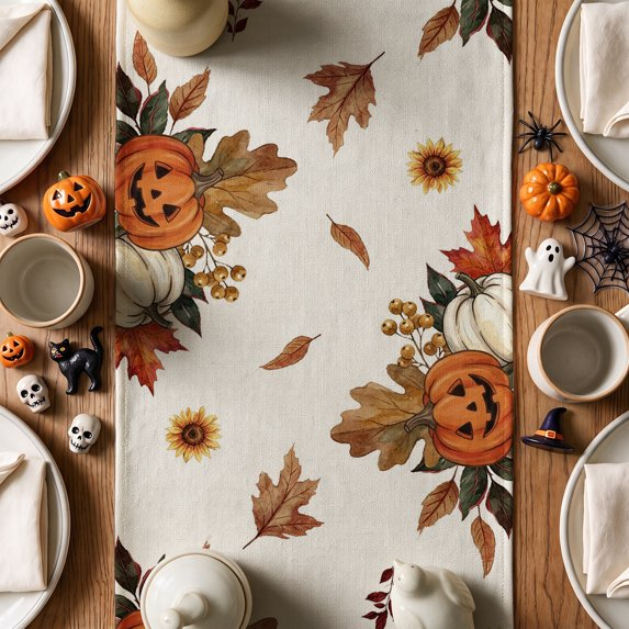 Ghost Pumpkins Maple Leaves Halloween Table Runner, Seasonal Fall Kitchen Dining Table Decoration for Home Party Decor