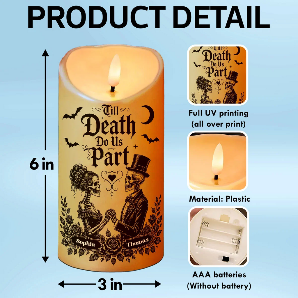 💀 Personalized Halloween Skeleton Couple LED Candle – Till Death Do Us Part, Gothic Black Decor for Couples 🖤🎃 (Copy)