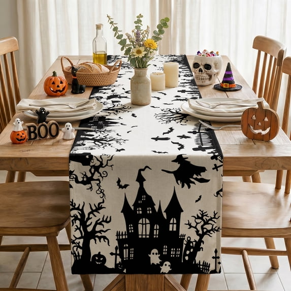 Smile Castle Tree Witch Black Halloween Table Runner