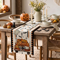 Ghost Truck Pumpkins Halloween Table Runner, Seasonal Fall Kitchen Dining Table Decoration with Bats and Bows for Home Party Decor