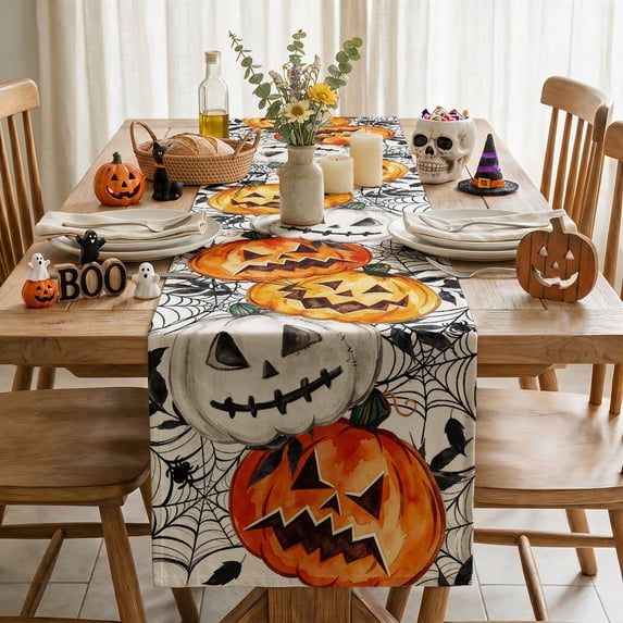 Jack O Lantern Pumpkin Ghost Spider Halloween Table Runner