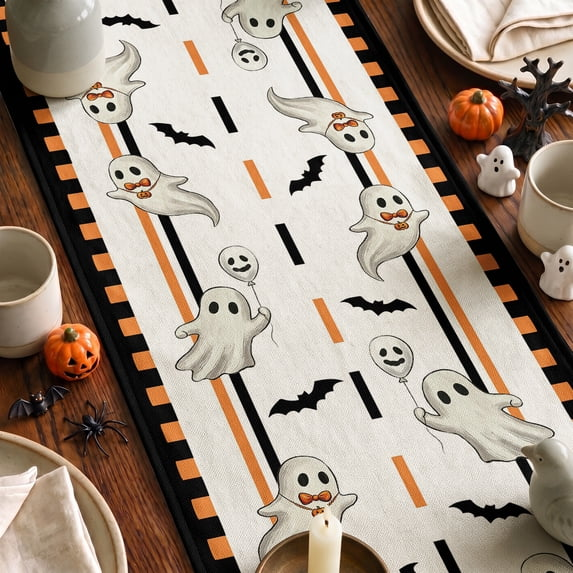 Ghost Truck Pumpkins Halloween Table Runner, Seasonal Fall Kitchen Dining Table Decoration with Bats and Bows for Home Party Decor