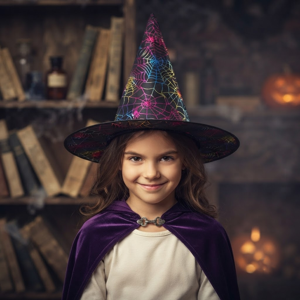 Witch Wizard Hat with Rainbow Webs Prints, Halloween Decoration and Cosplay Costume Props, Accessories for Porch Yard Indoor Outdoor Decor