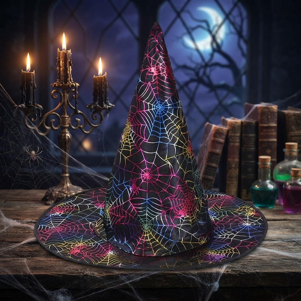 Witch Wizard Hat with Rainbow Webs Prints, Halloween Decoration and Cosplay Costume Props, Accessories for Porch Yard Indoor Outdoor Decor