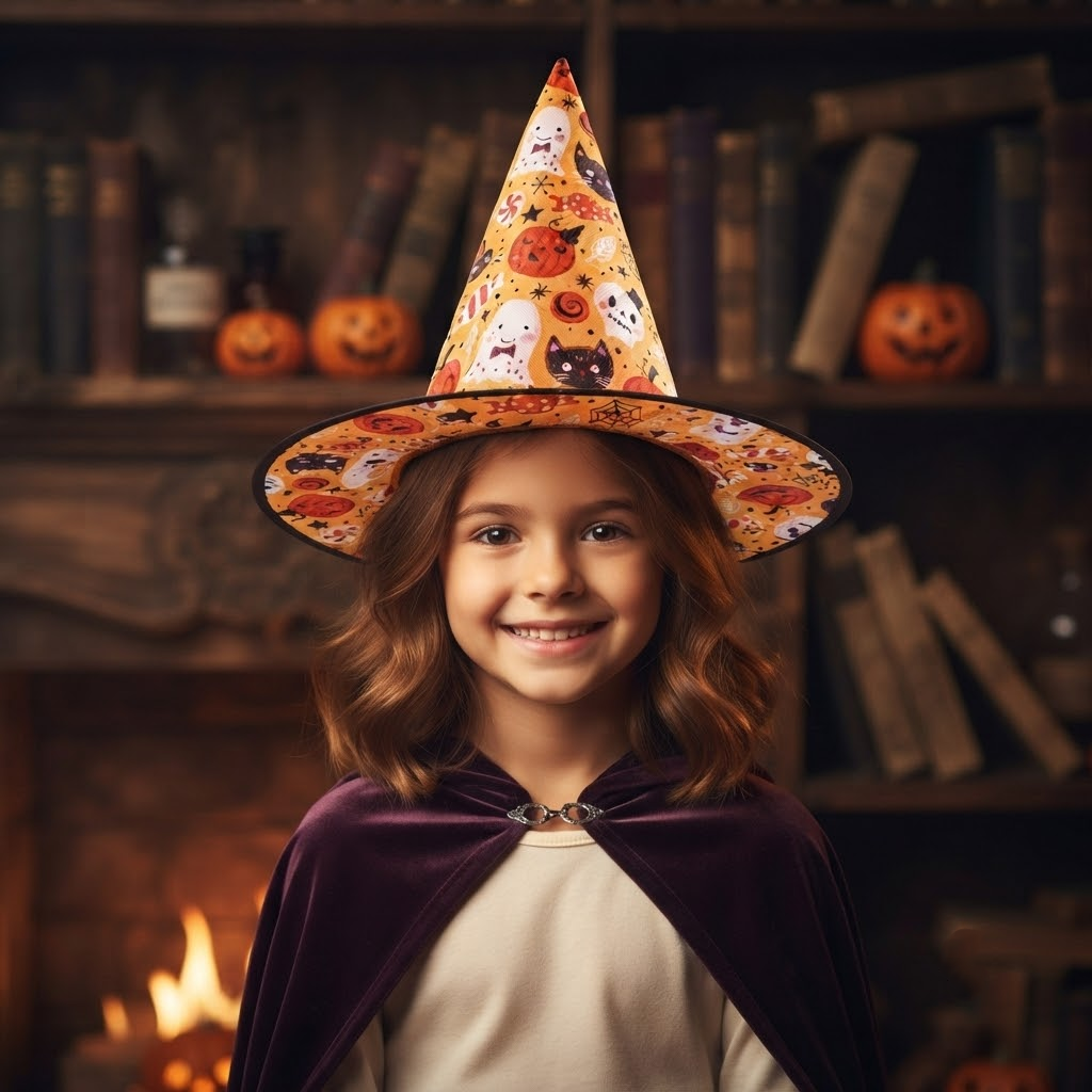 Witch Wizard Hat with Cute Kittens And Pumpkins Prints, Halloween Decoration and Cosplay Costume Props, Accessories for Porch Yard Indoor Outdoor Decor