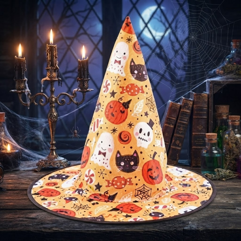 Witch Wizard Hat with Cute Kittens And Pumpkins Prints, Halloween Decoration and Cosplay Costume Props, Accessories for Porch Yard Indoor Outdoor Decor