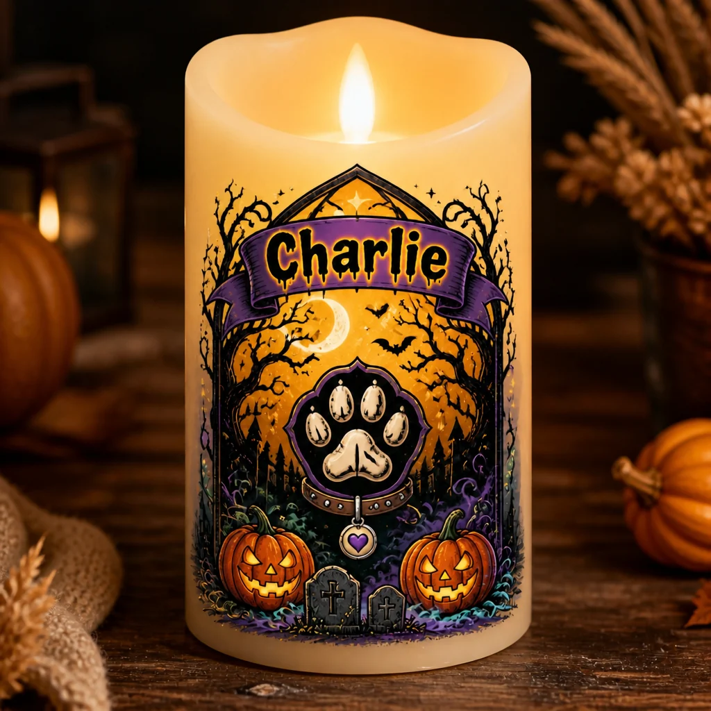Spooky Pet Name Halloween LED Flameless Candle, Personalized Custom Pet Candle, Halloween Decor Gift for Dog & Cat Lovers