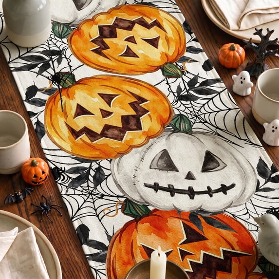 Jack O Lantern Pumpkin Ghost Spider Halloween Table Runner