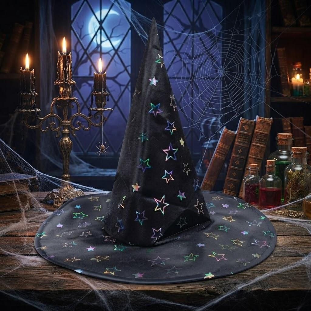 Party Magic - Kid Adult Witch Hat With Colorful Stars, Halloween Costume, Spooky Season Gift, Accessories for Porch Yard Indoor Outdoor Decor