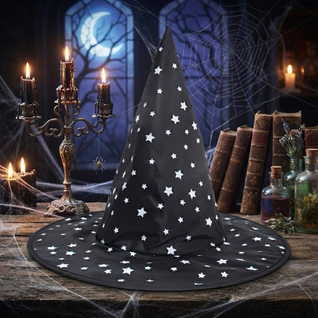 Halloween Witch Stars Hat Black, Halloween Costume, Spooky Season Gift, Accessories for Porch Yard Indoor Outdoor Decor