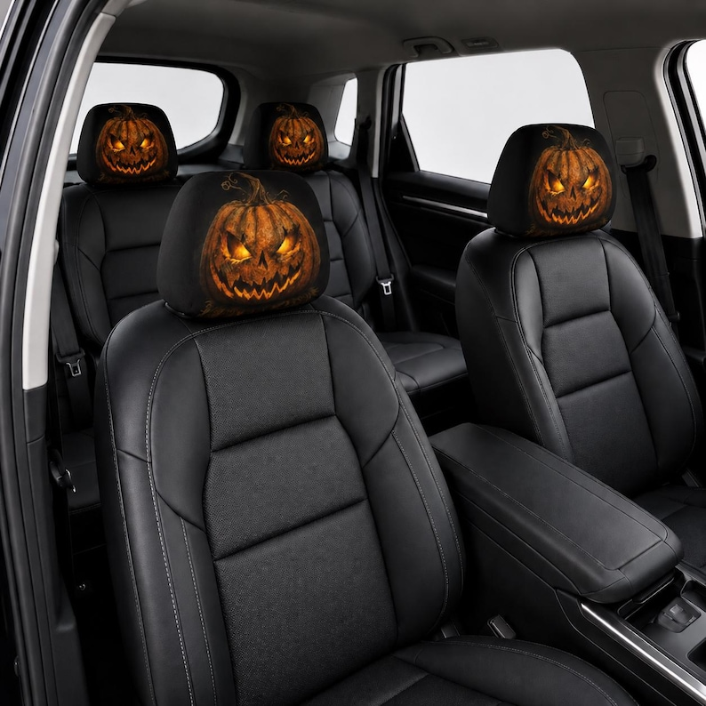 Creepy Jack O Lantern Car Headrest Cover (1pc), Scary Pumpkin Halloween Auto Seat Decor, Gothic Car Interior Accessory, Milk Silk Cover