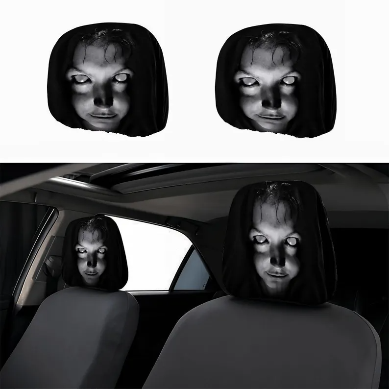 Scary Ghost Face Car Headrest Covers (1pc), Horror Auto Seat Protector, Stretchy Halloween Car Interior Decor