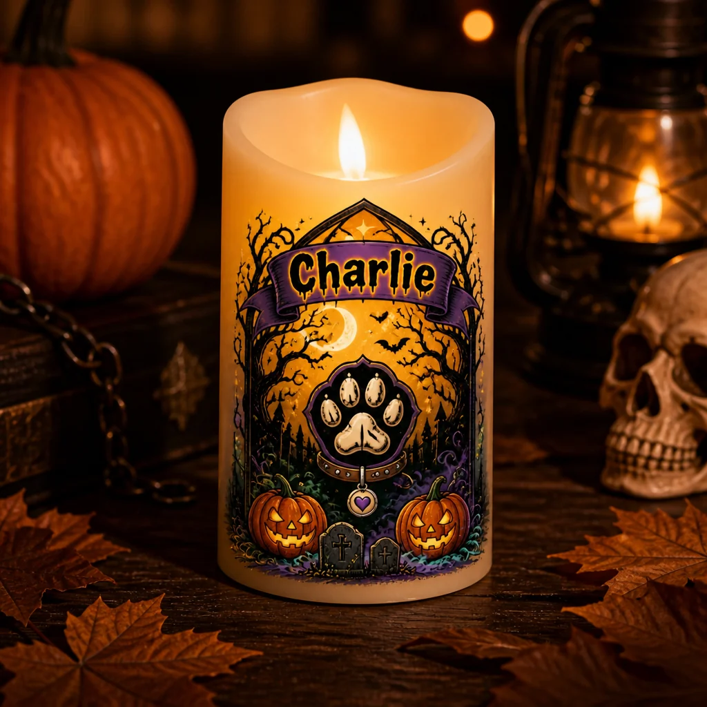 Spooky Pet Name Halloween LED Flameless Candle, Personalized Custom Pet Candle, Halloween Decor Gift for Dog & Cat Lovers