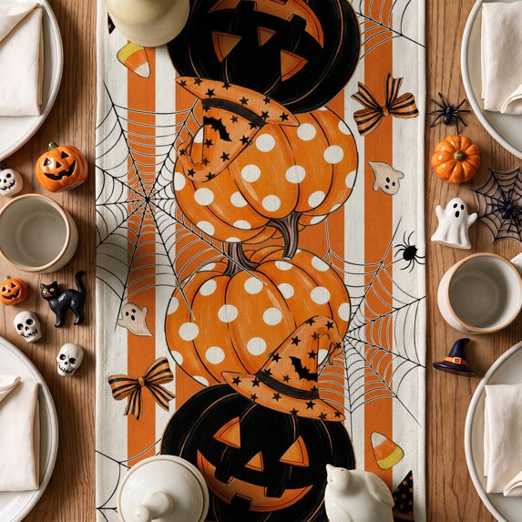 Polka Dot Orange Pumpkin Witch Hat Spider Web Ghost Bat Halloween Table Runner