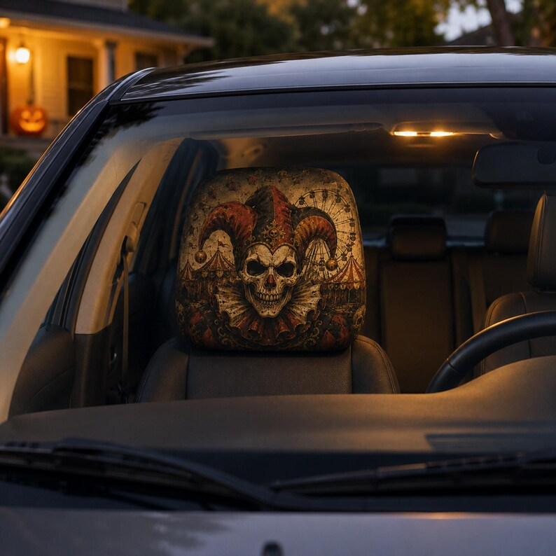 Classic Horror Headrest Cover (1pc), Vintage Halloween Clown Vampire Mummy Skeleton Car Decor, Spooky Auto Gift