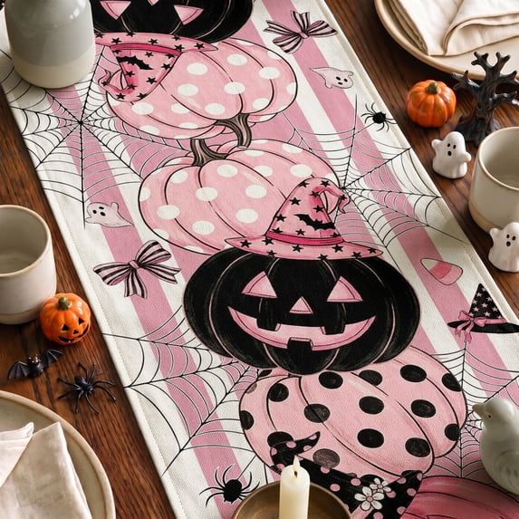 Polka Dot Pink Pumpkin Witch Hat Spider Web Ghost Bat Halloween Table Runner