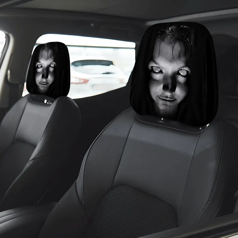 Scary Ghost Face Car Headrest Covers (1pc), Horror Auto Seat Protector, Stretchy Halloween Car Interior Decor