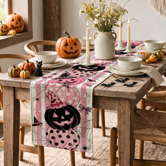 Polka Dot Pink Pumpkin Witch Hat Spider Web Ghost Bat Halloween Table Runner