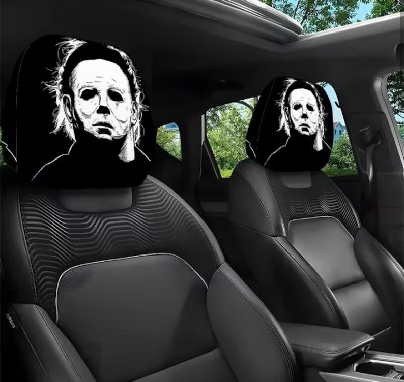 Car Headrest Cover (1pc) - Mike Myers Black And White Horror Themed Universal Vehicle Accessories - Movie Serial Killer - Halloween