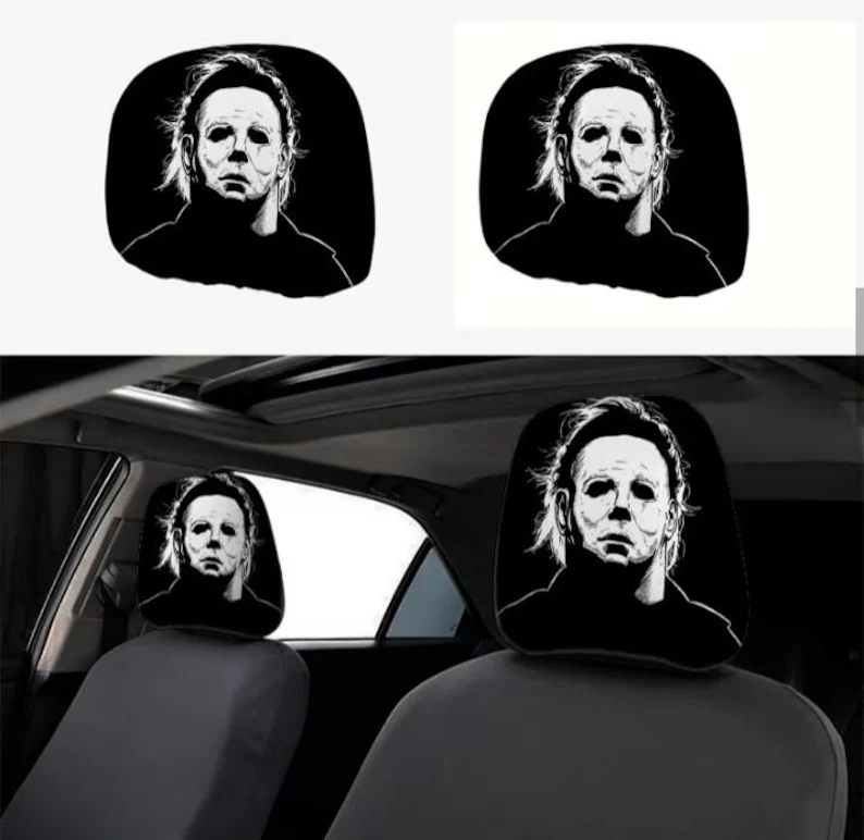 Car Headrest Cover (1pc) - Mike Myers Black And White Horror Themed Universal Vehicle Accessories - Movie Serial Killer - Halloween