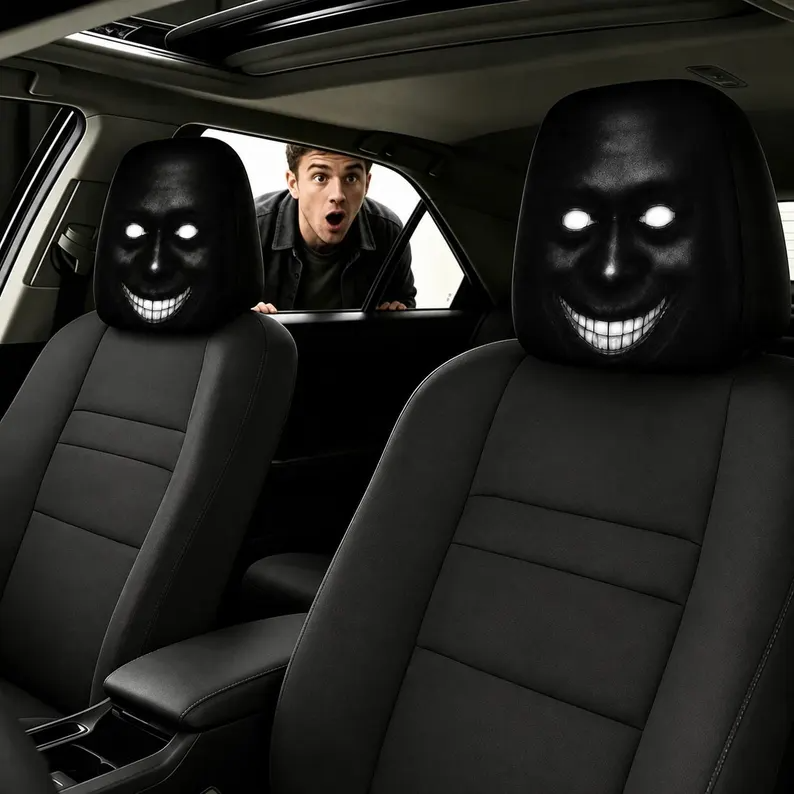 Creepy Halloween Car Headrest Cover (1pc), Scary Smiling Face Seat Protector, Horror Auto Interior Decor, Creepy Halloween Gift