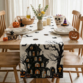 Black Halloween Table Runner with Castle Tree and Witch Pattern, Kitchen Dining Table Decoration for Home Party Decor