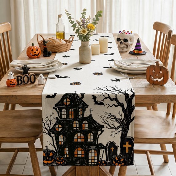 Black Halloween Table Runner with Castle Tree and Witch Pattern, Kitchen Dining Table Decoration for Home Party Decor